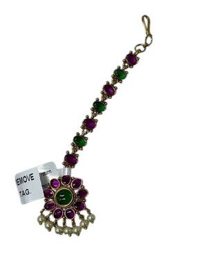 Tarinika Indian Traditional Antique Gold Maang Tikka With Pink & Green Stones